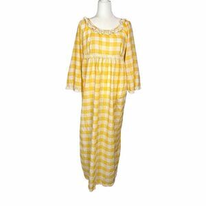 Vintage Val Mode Handmade Dress Maxi Yellow White Gingham Check Lace Trim 70s
